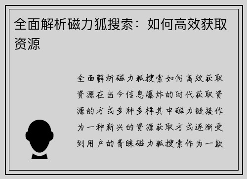 全面解析磁力狐搜索：如何高效获取资源